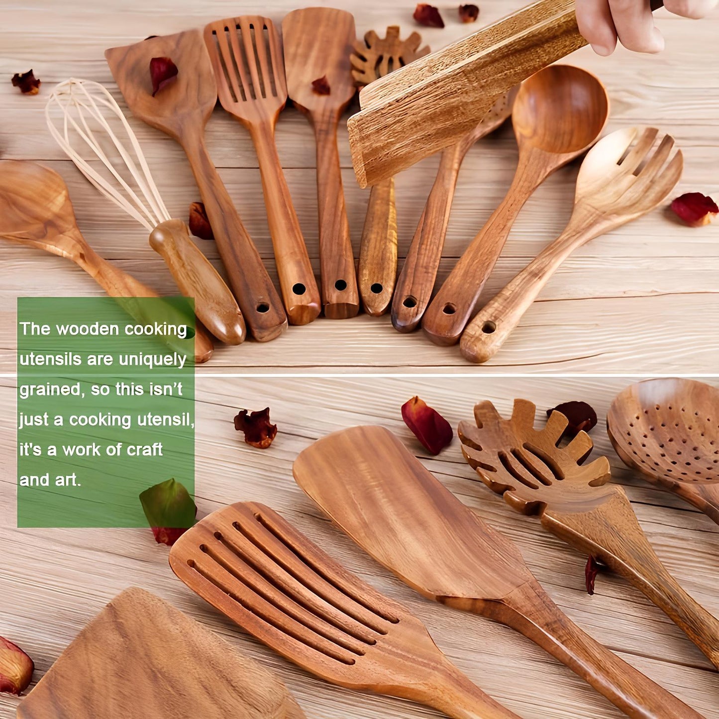 11-Piece Teak Wood Cooking Utensil Set with Countertop Holder