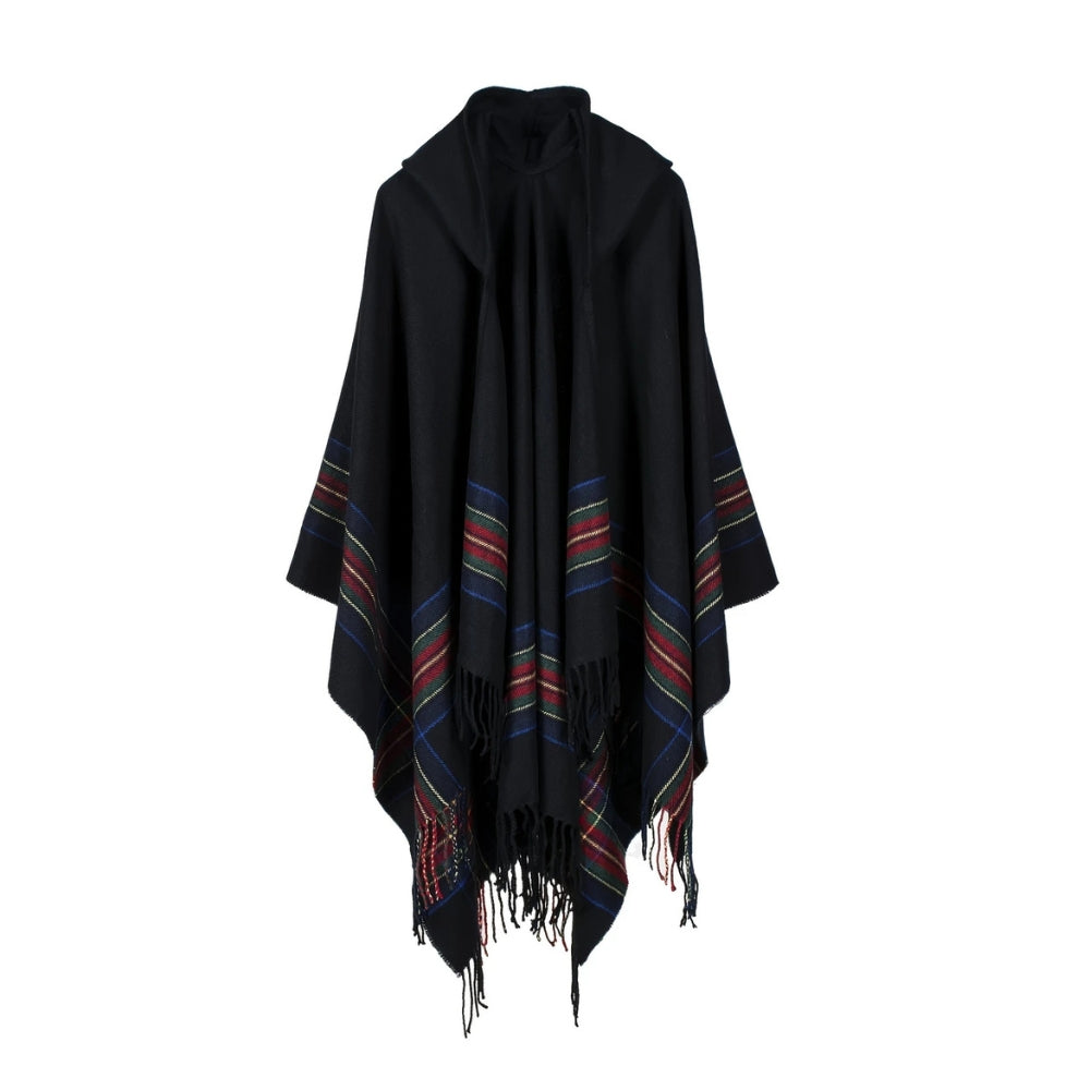 Oversized Hooded Striped Acrylic Poncho Shawl with Tassels
