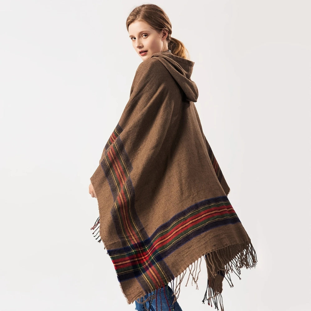 Oversized Hooded Striped Acrylic Poncho Shawl with Tassels