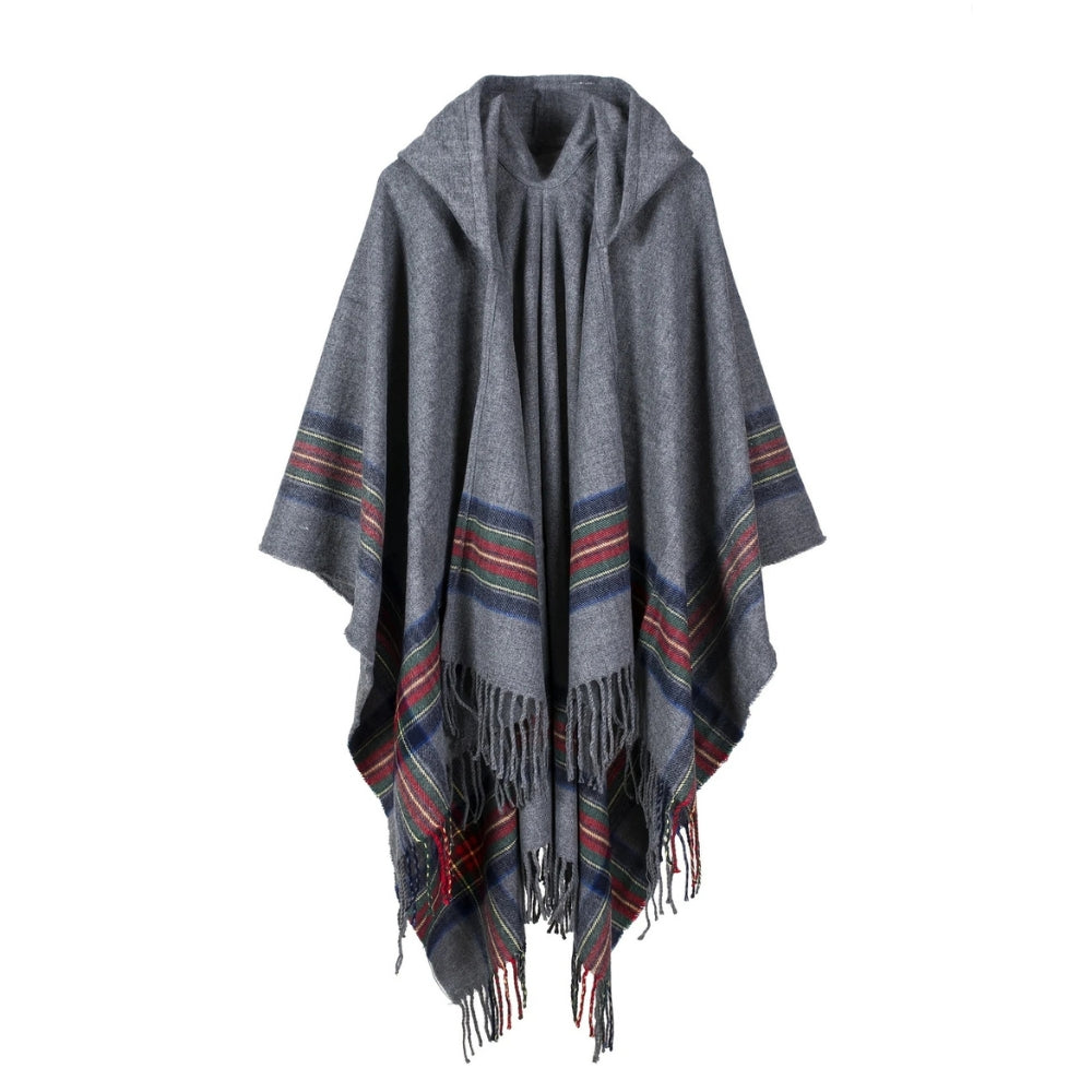 Oversized Hooded Striped Acrylic Poncho Shawl with Tassels
