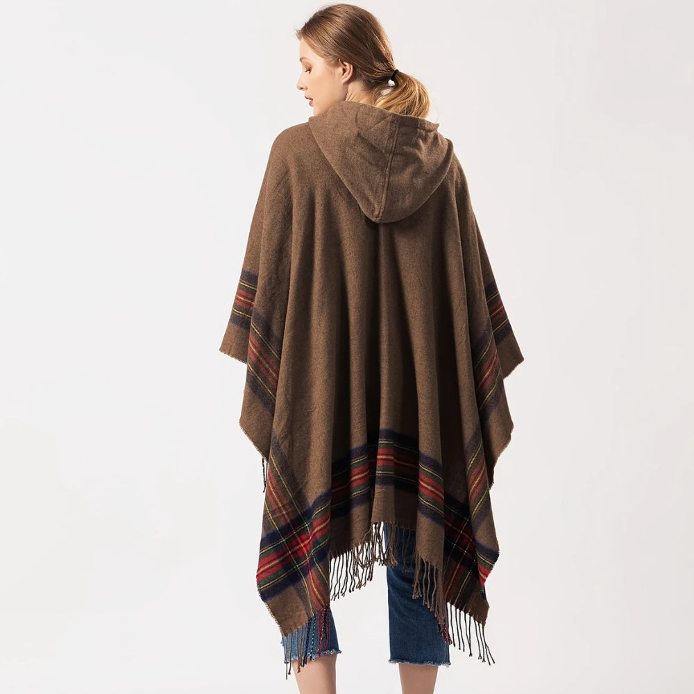 Oversized Hooded Striped Acrylic Poncho Shawl with Tassels