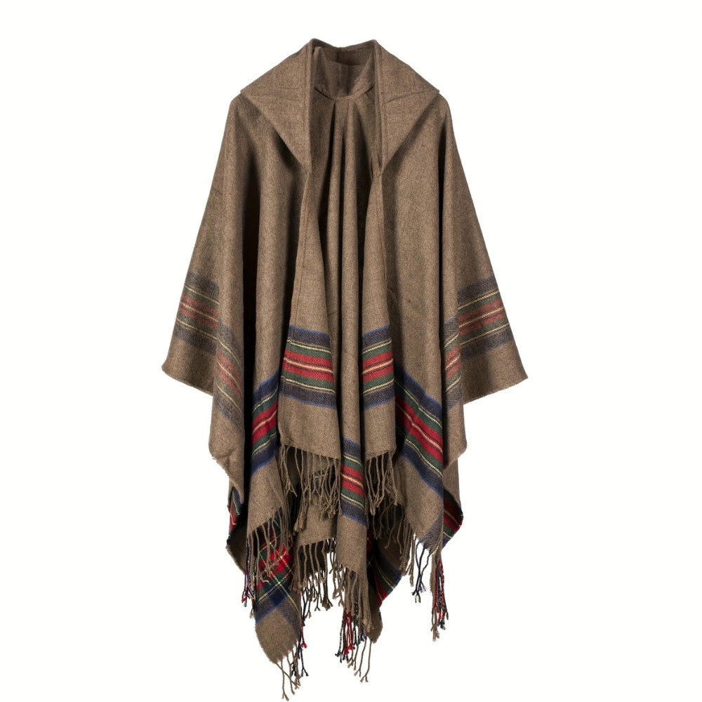 Oversized Hooded Striped Acrylic Poncho Shawl with Tassels