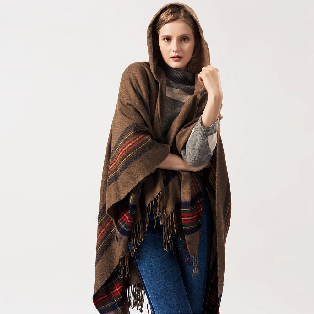 Oversized Hooded Striped Acrylic Poncho Shawl with Tassels
