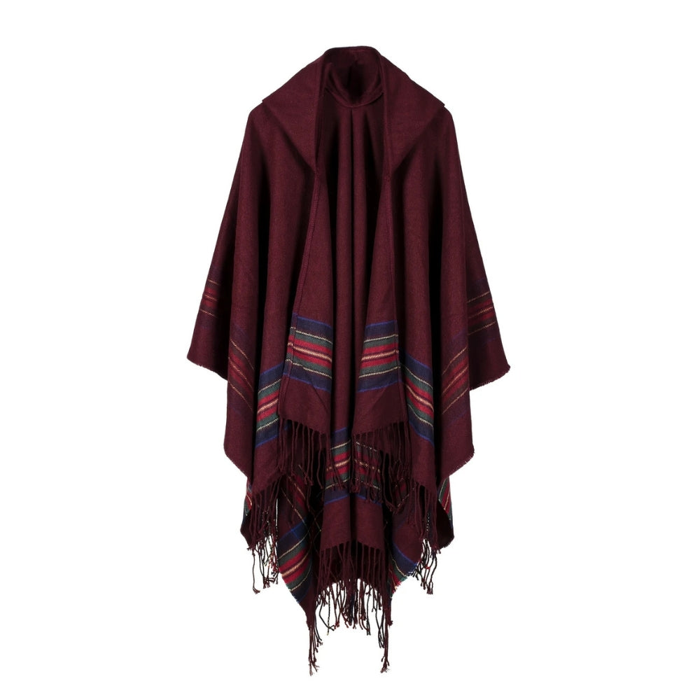 Oversized Hooded Striped Acrylic Poncho Shawl with Tassels