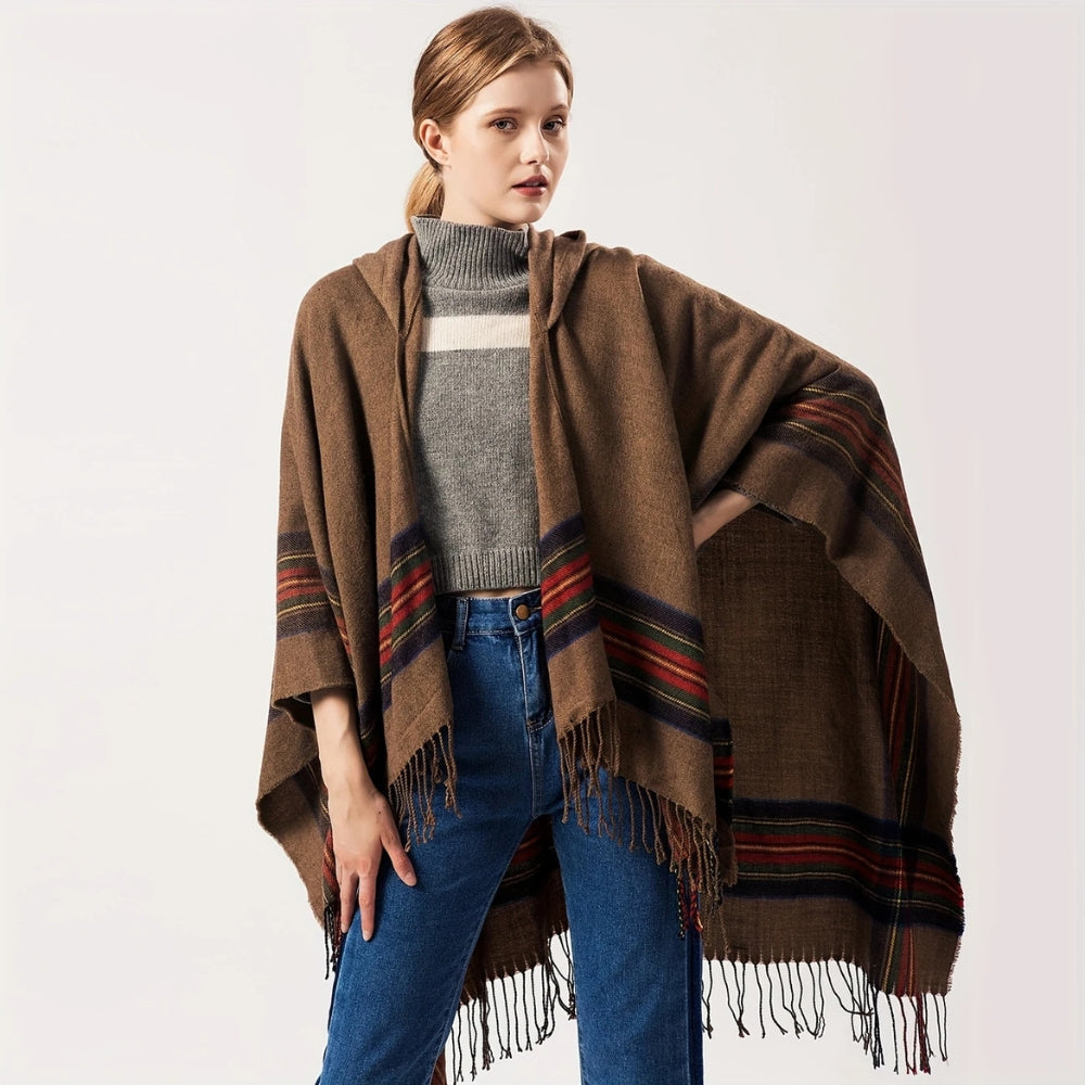 Oversized Hooded Striped Acrylic Poncho Shawl with Tassels