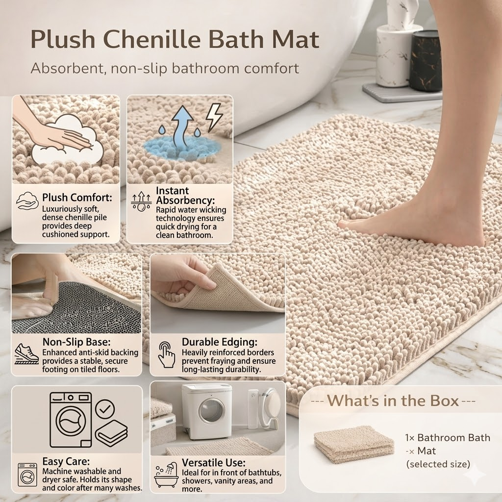Plush Chenille Non-Slip Bath Mat - Absorbent Bathroom Rug
