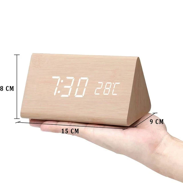 Wooden LED Alarm Clock with Temperature Display and Adjustable Brightness