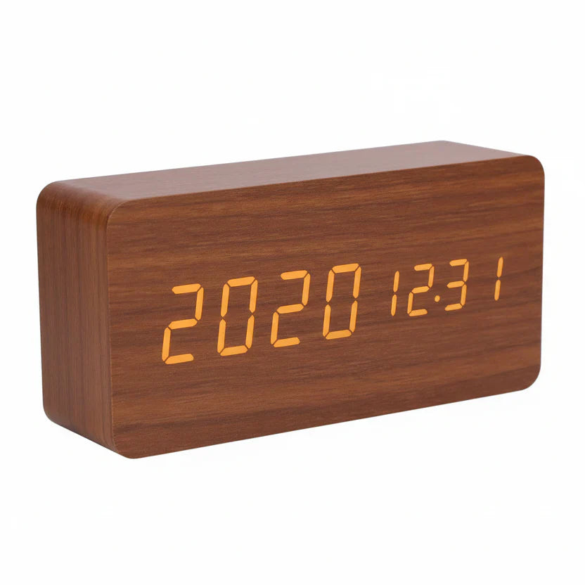 Wooden Look LED Alarm Clock with Three Alarms and Temperature Display