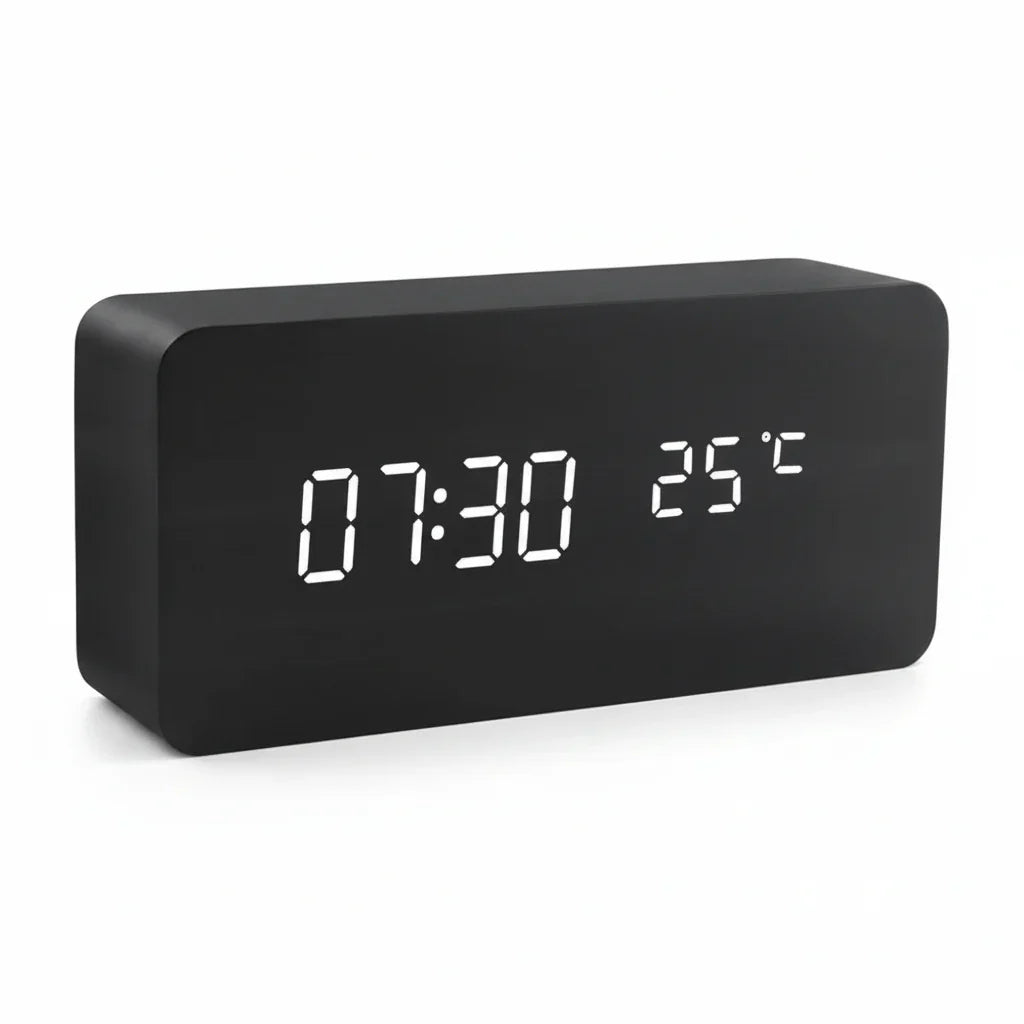 Wooden Look LED Alarm Clock with Three Alarms and Temperature Display