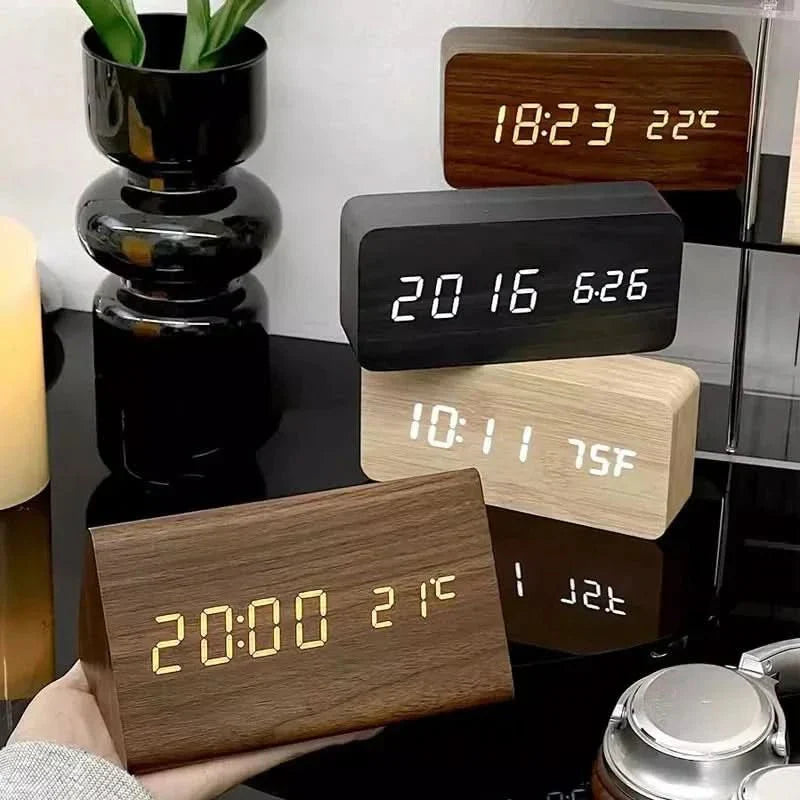 Wooden Look LED Alarm Clock with Three Alarms and Temperature Display
