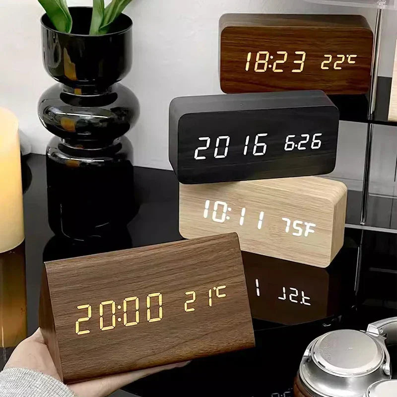 Wooden LED Alarm Clock with Temperature Display and Adjustable Brightness