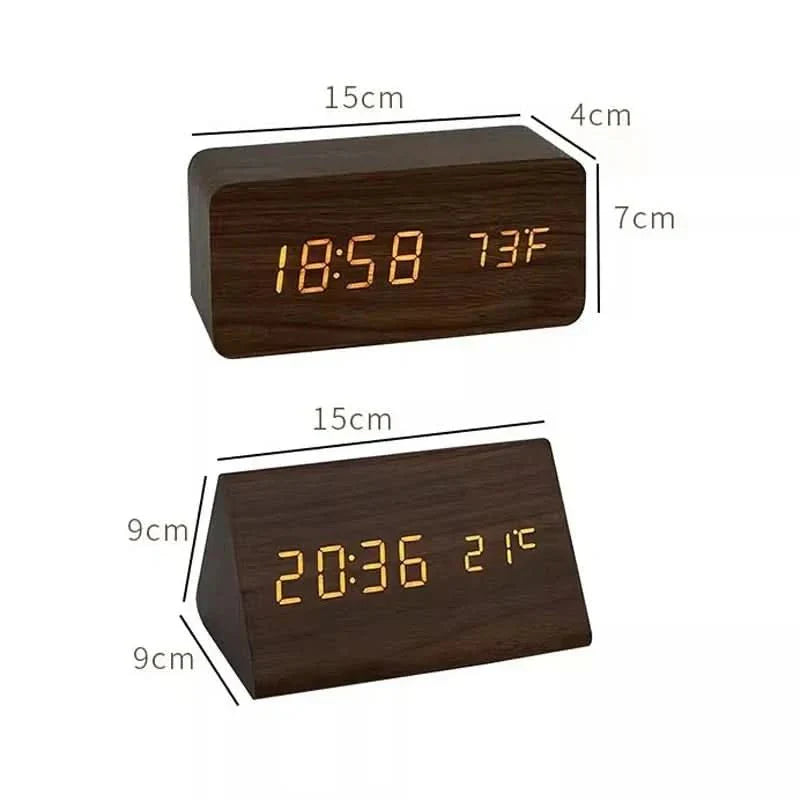 Wooden Look LED Alarm Clock with Three Alarms and Temperature Display