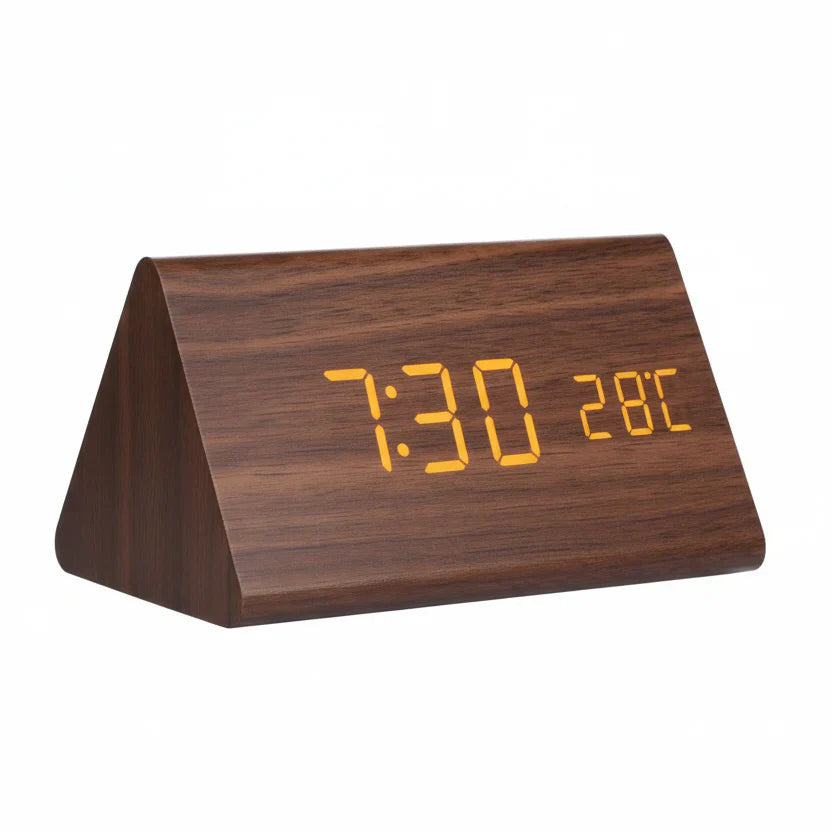 Wooden Look LED Alarm Clock with Three Alarms and Temperature Display