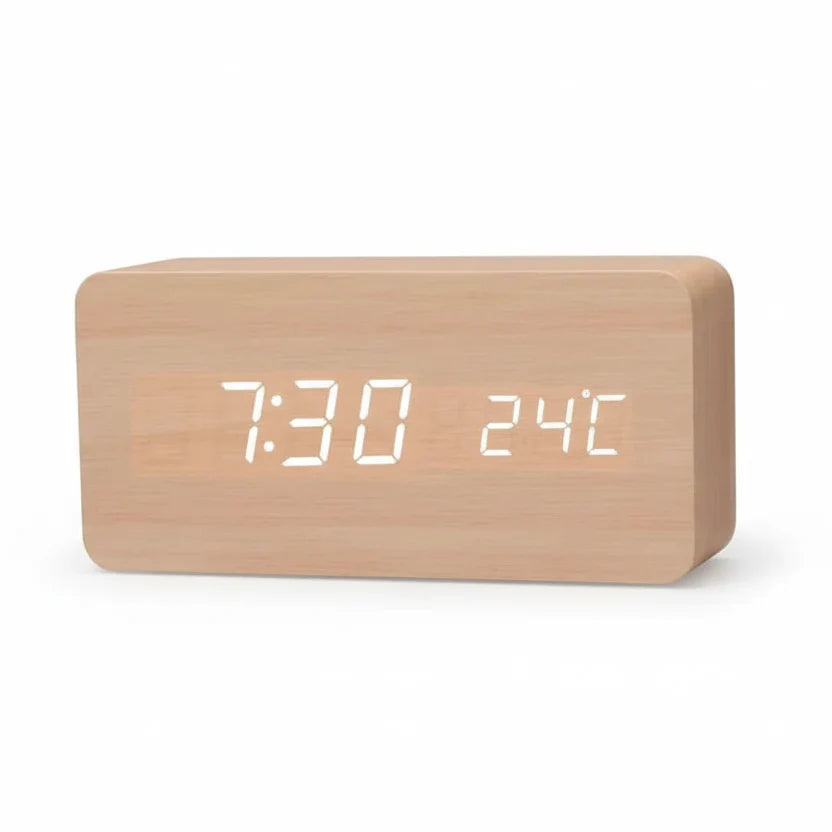 Wooden Look LED Alarm Clock with Three Alarms and Temperature Display