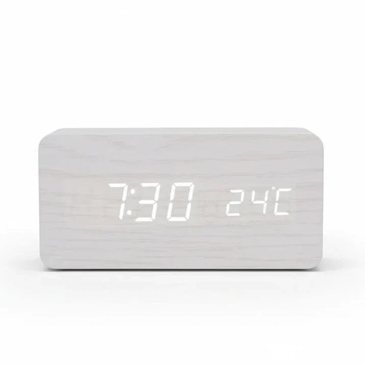 Wooden Look LED Alarm Clock with Three Alarms and Temperature Display