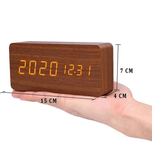 Wooden LED Alarm Clock with Temperature Display and Adjustable Brightness