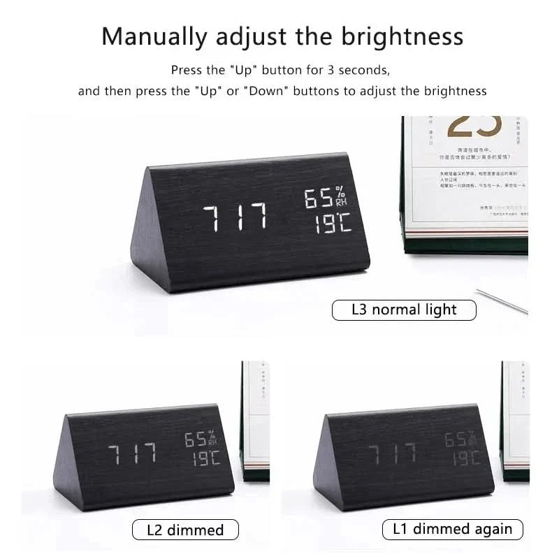 Wood-Effect LED Alarm Clock with Temperature Display and Adjustable Brightness