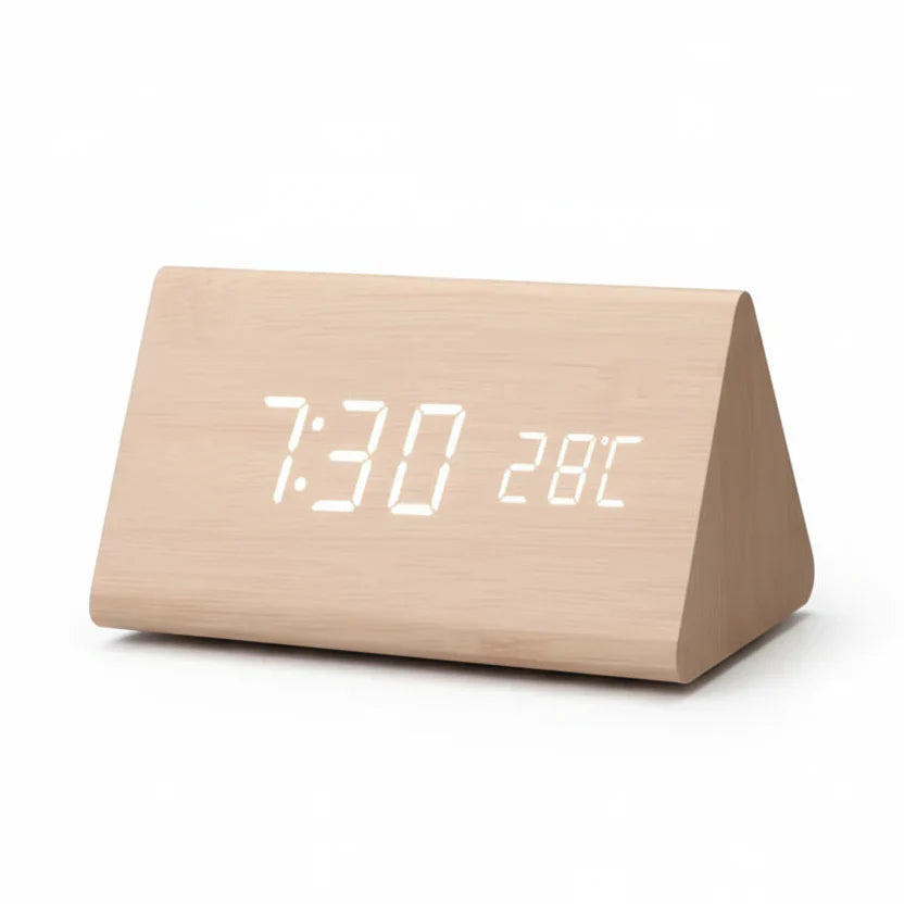 Wooden Look LED Alarm Clock with Three Alarms and Temperature Display