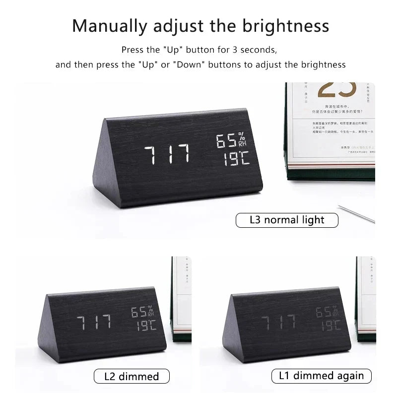 Wooden LED Alarm Clock with Temperature Display and Adjustable Brightness