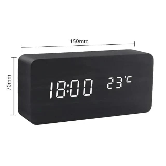 Wood-Effect LED Alarm Clock with Temperature Display and Adjustable Brightness