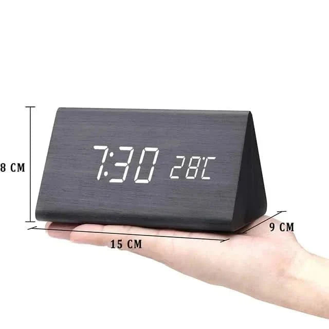 Wooden Look LED Alarm Clock with Three Alarms and Temperature Display
