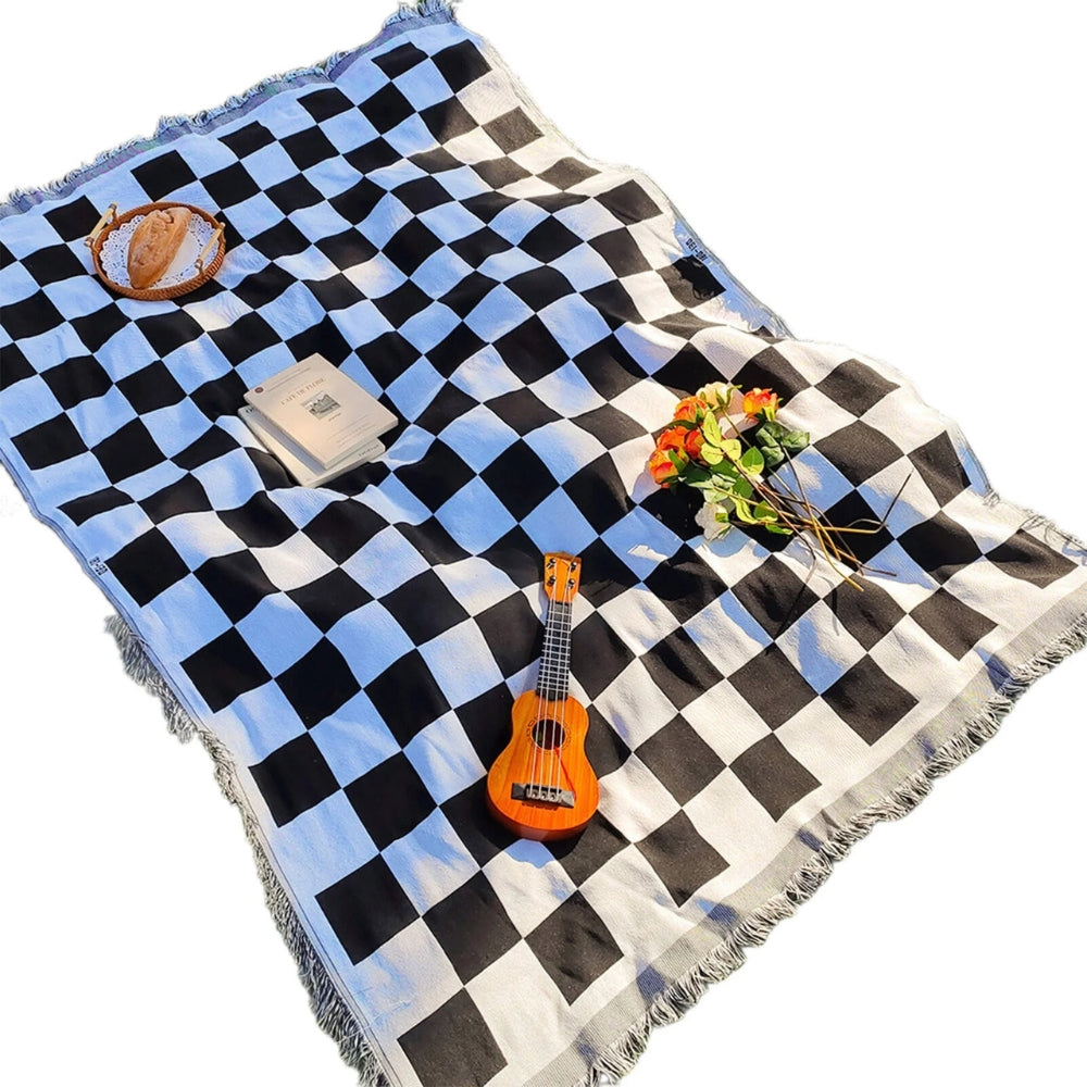 All-Season Checkered Picnic Blanket with Fringe Edges