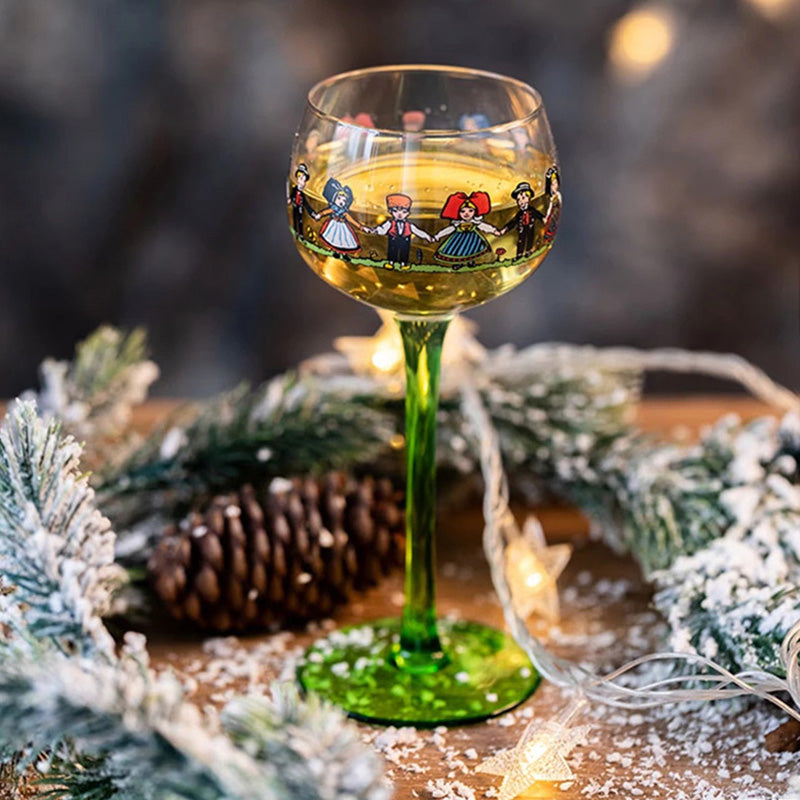 Hand-Painted Alsace Wine Glass with Green Foot