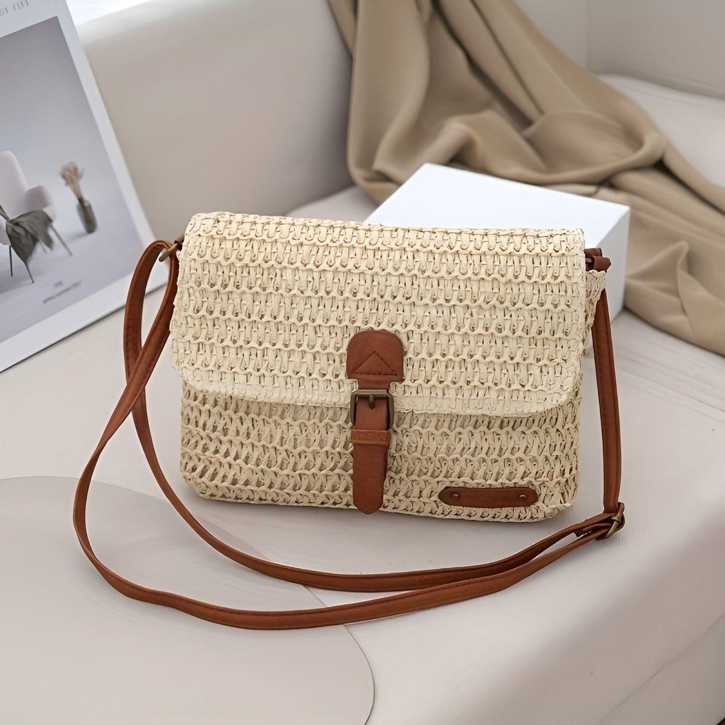 Woven Straw Shoulder Bag with Adjustable Strap for Summer