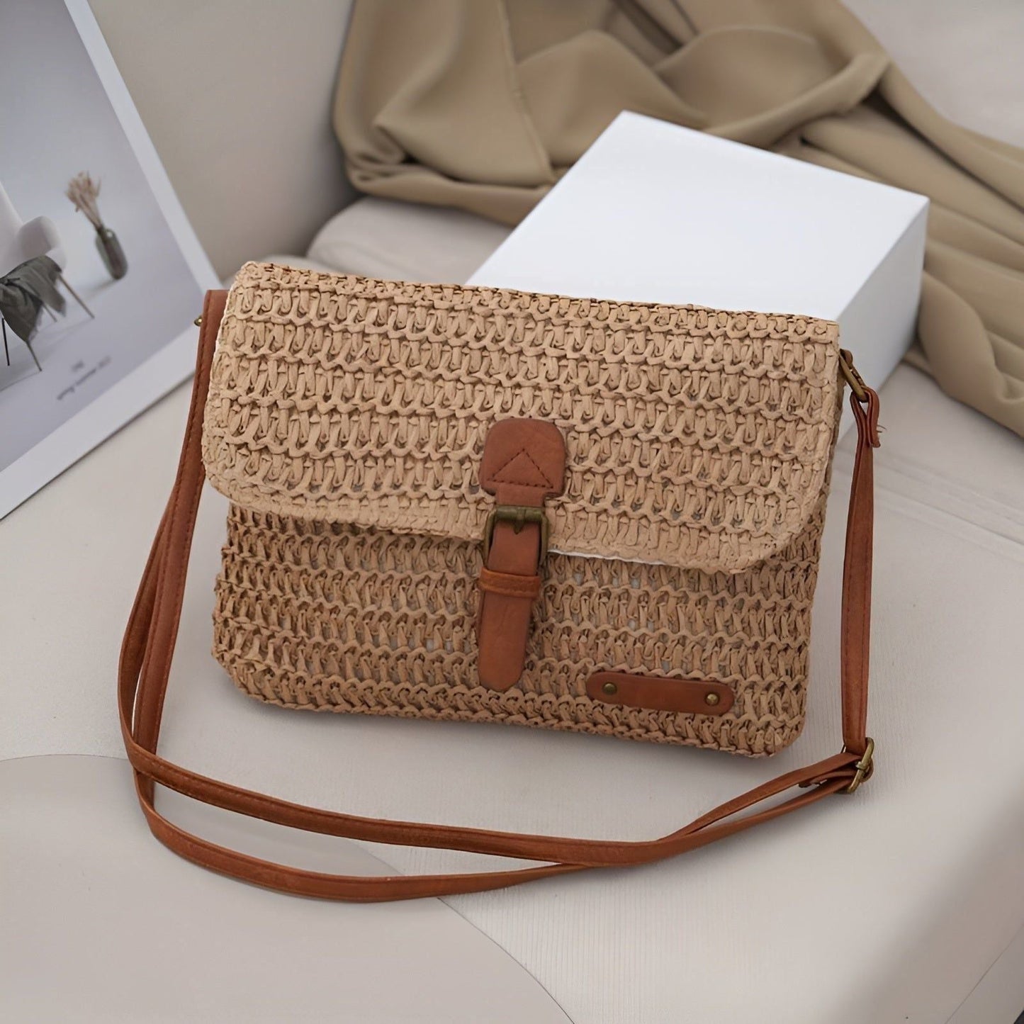 Woven Straw Shoulder Bag with Adjustable Strap for Summer