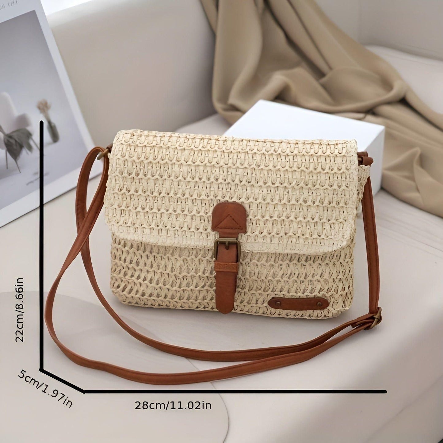 Woven Straw Shoulder Bag with Adjustable Strap for Summer