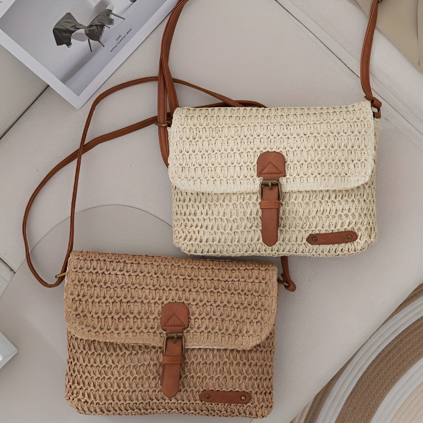 Woven Straw Shoulder Bag with Adjustable Strap for Summer