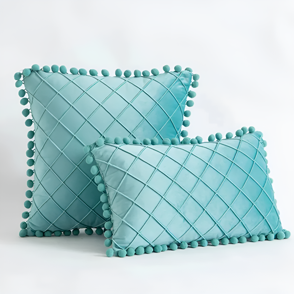 Quilted Velvet Cushion Cover with Wool Ball Design