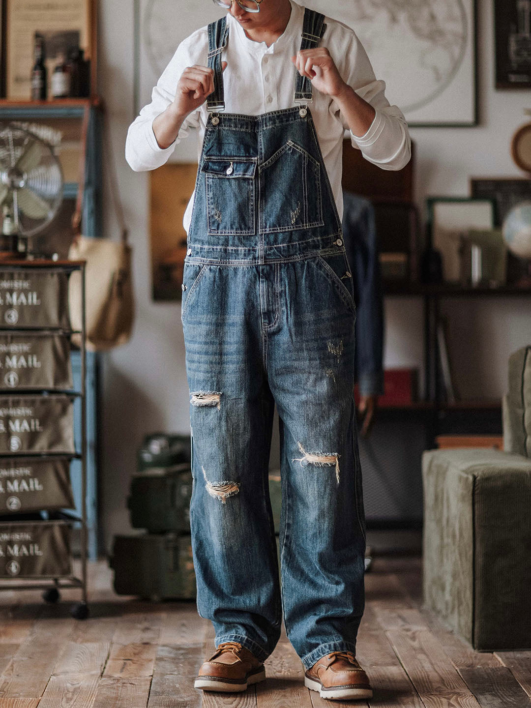 Distressed Denim Bib Overalls for Men with Adjustable Straps