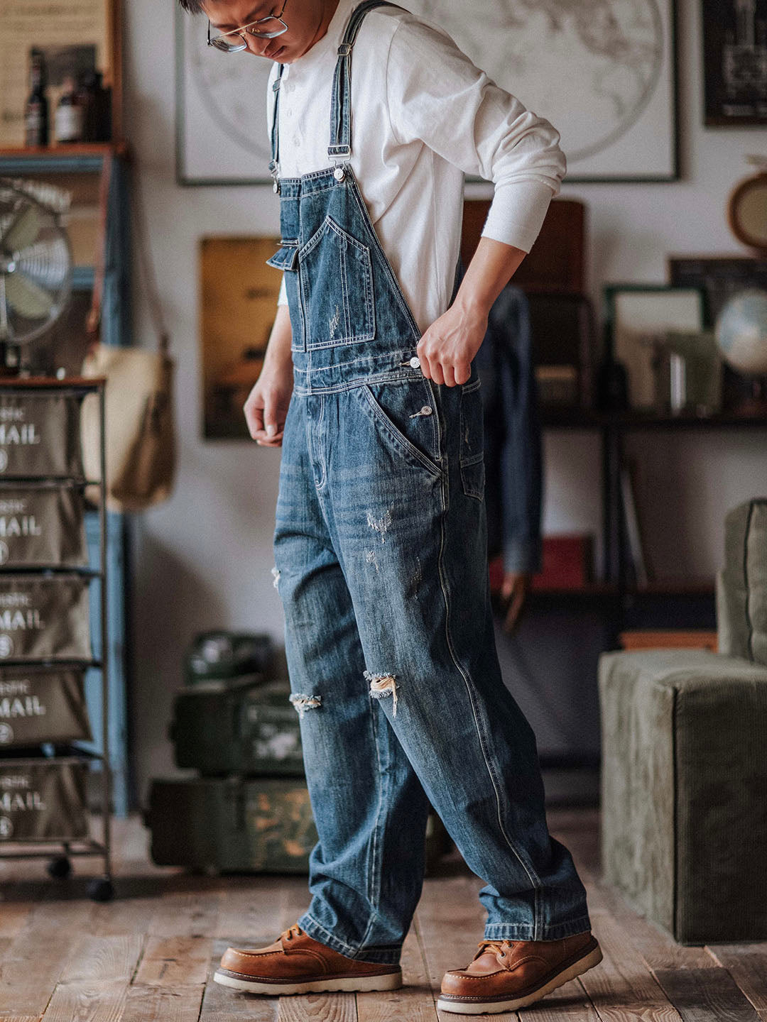 Distressed Denim Bib Overalls for Men with Adjustable Straps