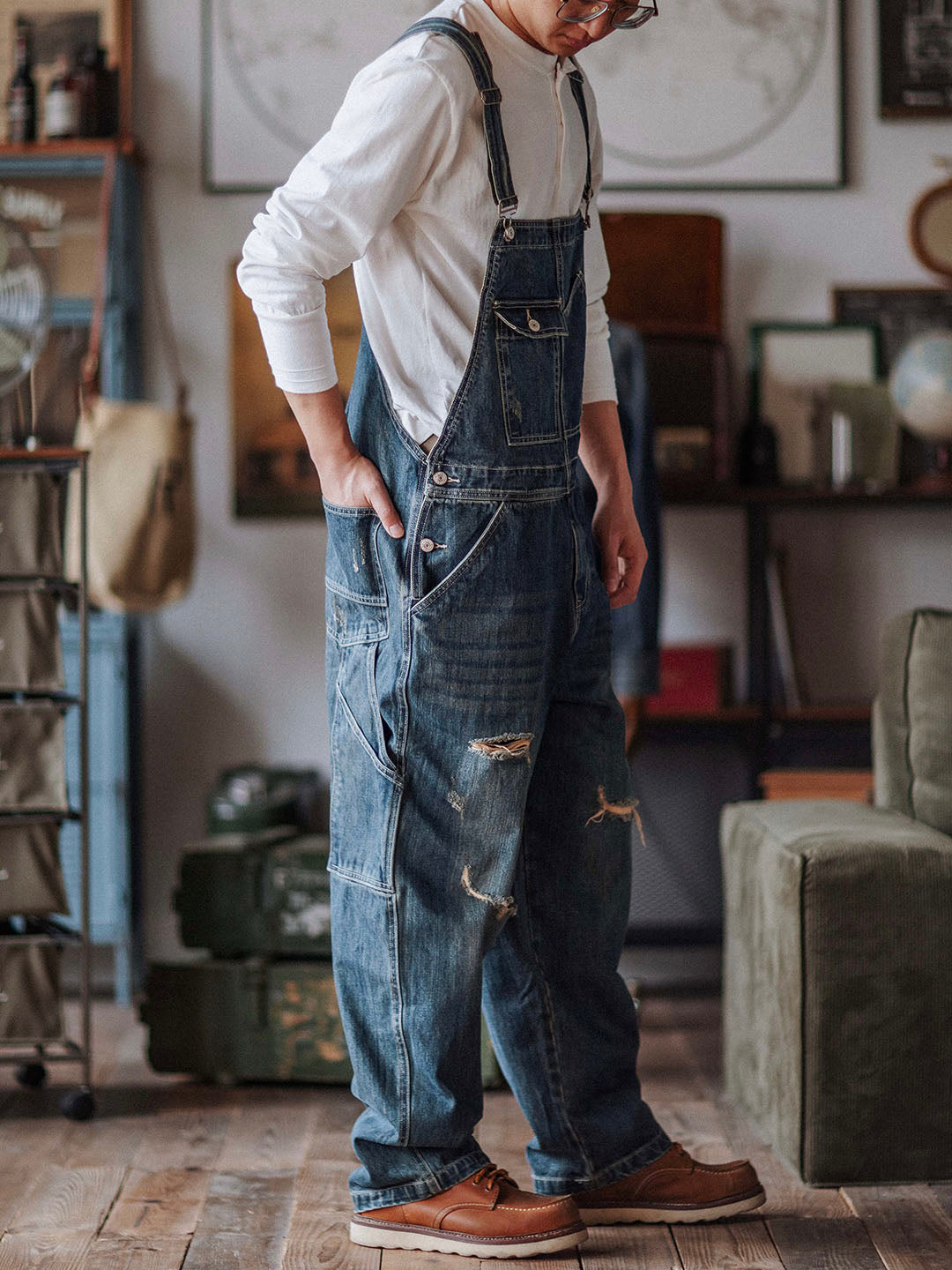 Distressed Denim Bib Overalls for Men with Adjustable Straps