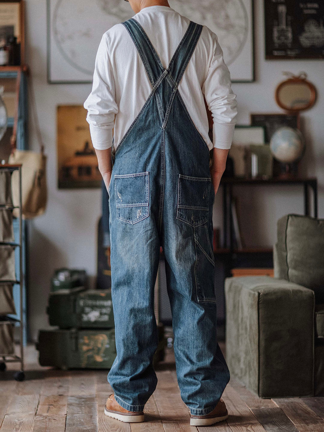 Distressed Denim Bib Overalls for Men with Adjustable Straps