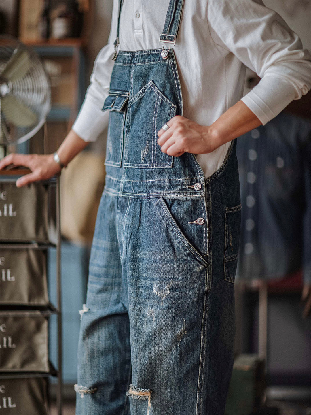 Distressed Denim Bib Overalls for Men with Adjustable Straps