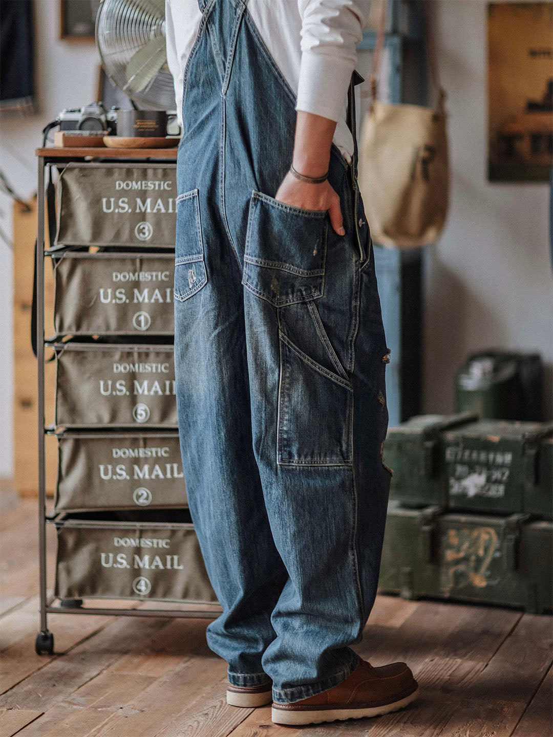 Distressed Denim Bib Overalls for Men with Adjustable Straps