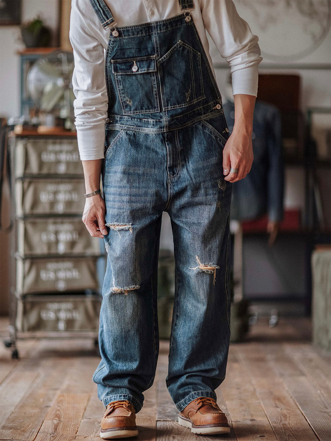 Distressed Denim Bib Overalls for Men with Adjustable Straps