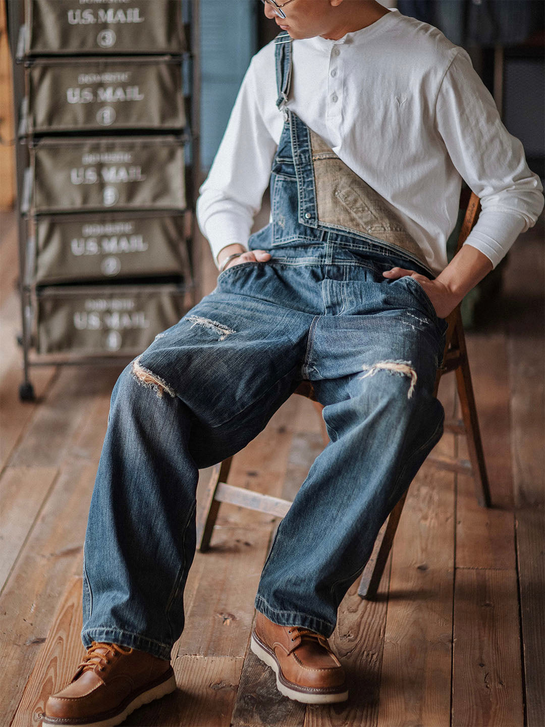 Distressed Denim Bib Overalls for Men with Adjustable Straps