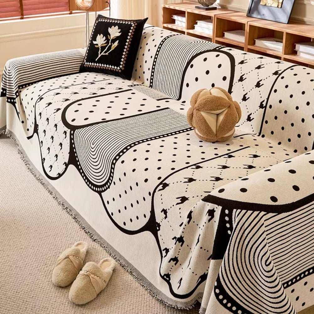 Asymmetrical Chenille Sofa Cover with Polka Dots