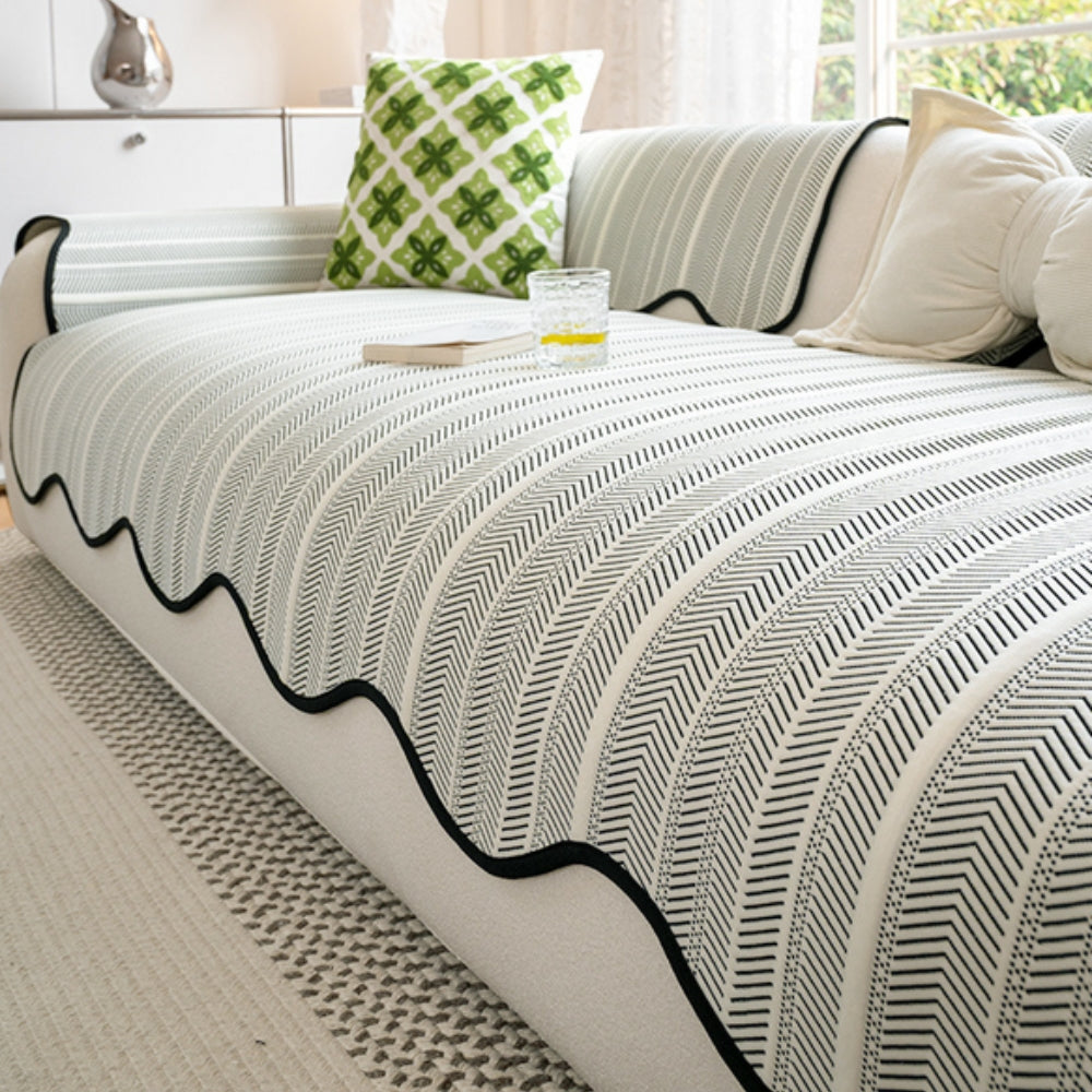Herringbone Scallop Edge Sofa Cover in Soft Microfiber