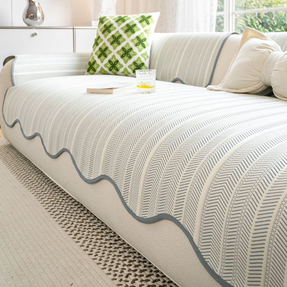 Herringbone Scallop Edge Sofa Cover in Soft Microfiber