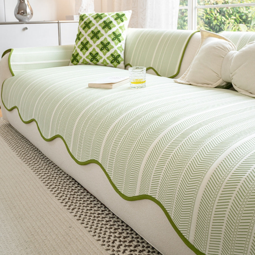 Herringbone Microfiber Sofa Cover with Scalloped Edges