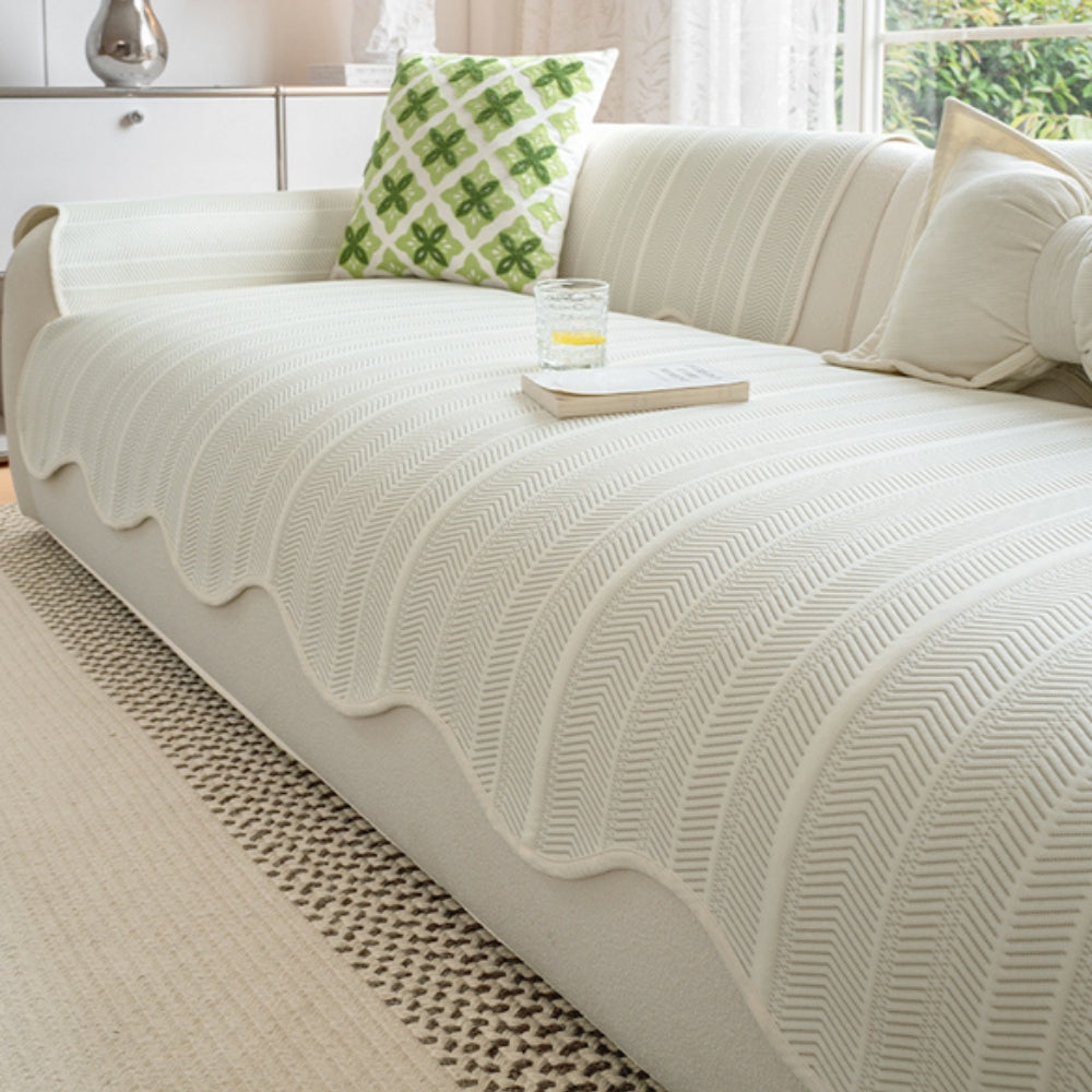 Herringbone Microfiber Sofa Cover with Scalloped Edges