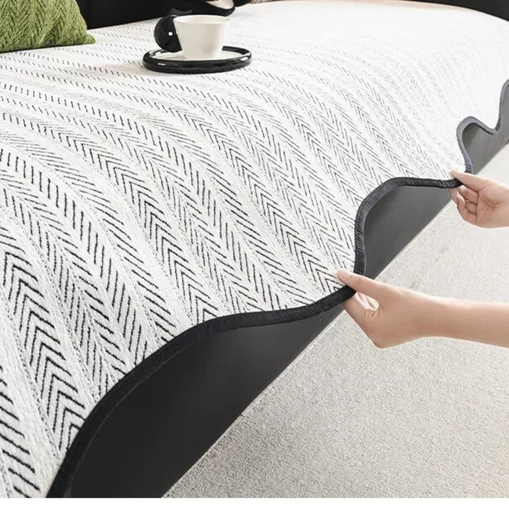 Herringbone Microfiber Sofa Cover with Scalloped Edges