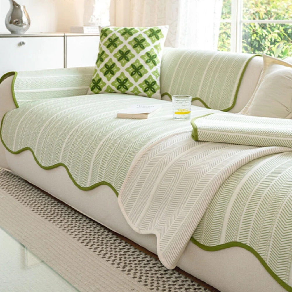 Herringbone Scalloped Edge Sofa Cover in Soft Microfiber