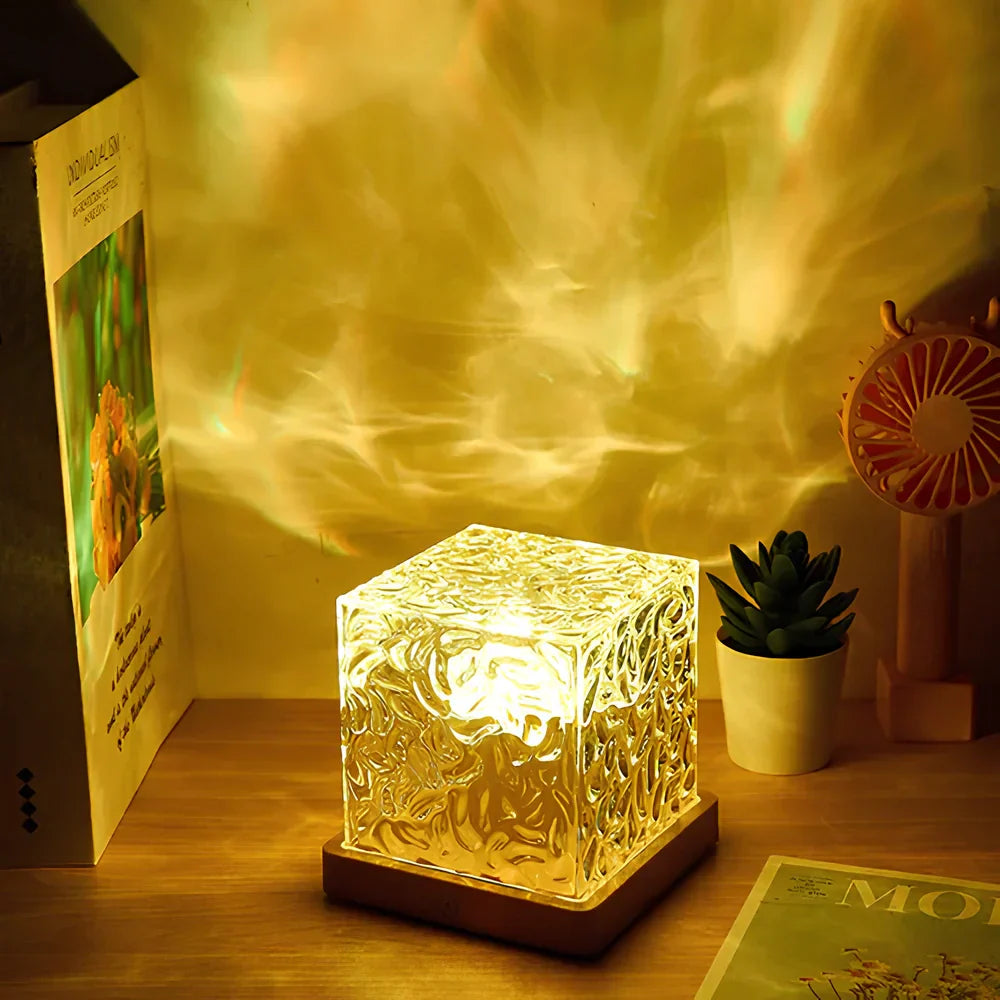 Aurora-Inspired Glass Cube Table Lamp with Wooden Base and 16 Colors