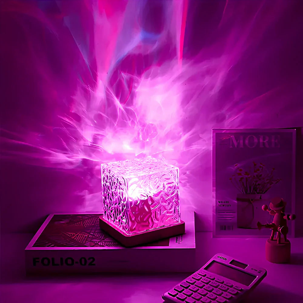 Aurora-Inspired Glass Cube Table Lamp with Wooden Base and 16 Colors