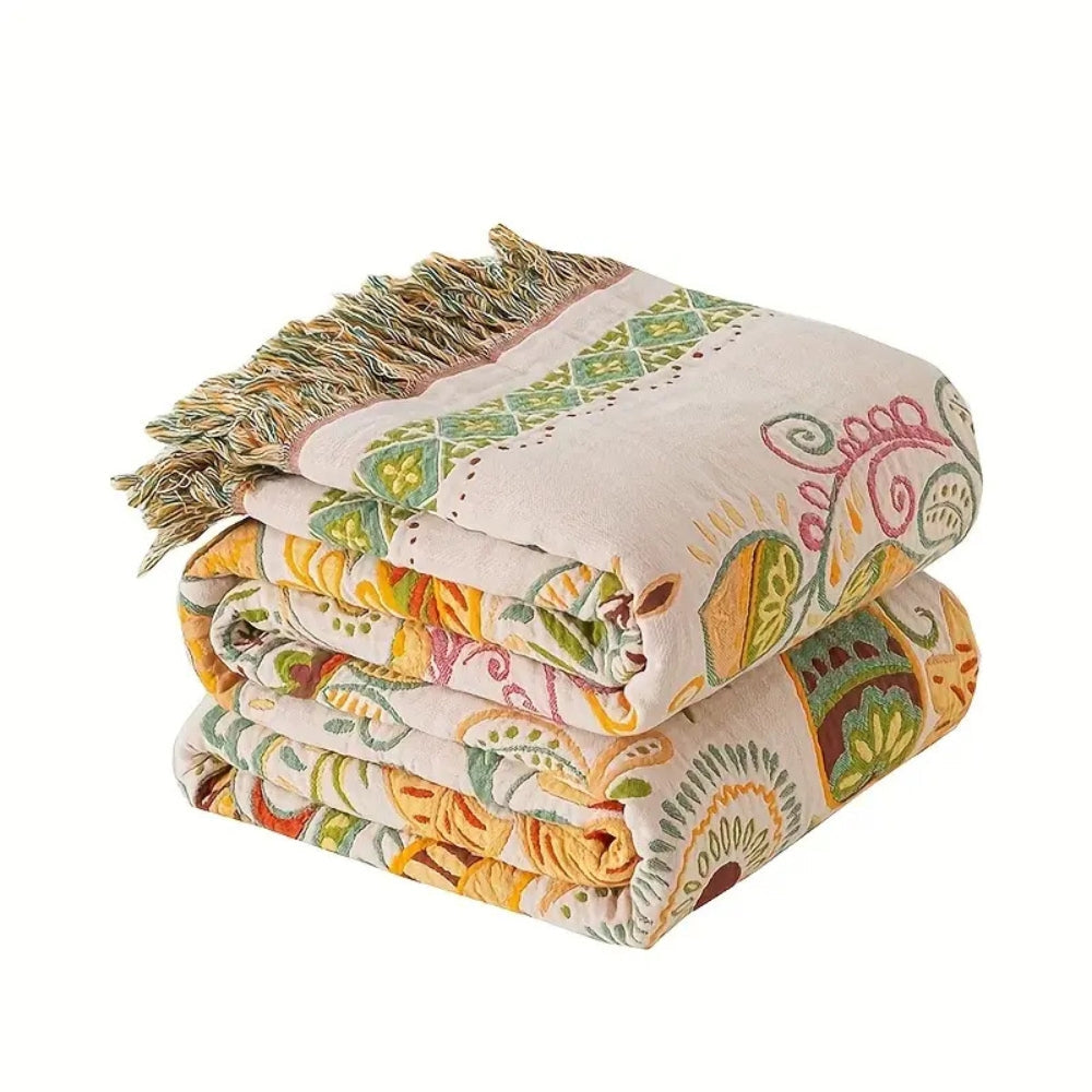 Reversible Boho Floral Throw Blanket with Tasseled Edges